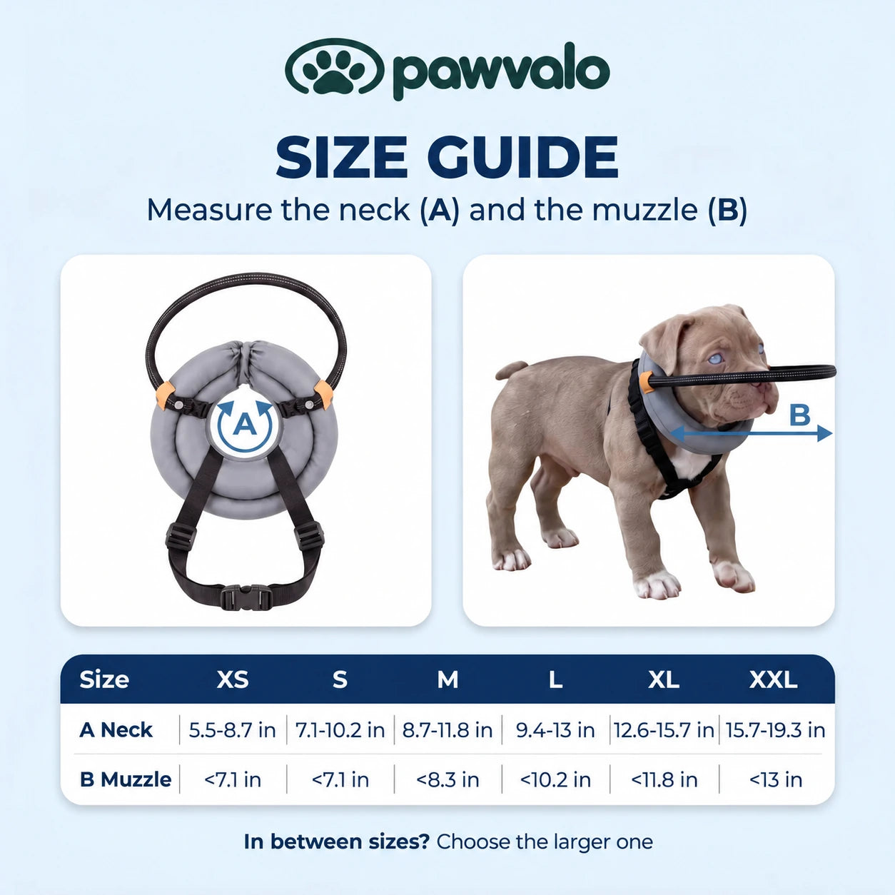 Pawvalo size guide from XS to XXL, neck and muzzle measurements in inches